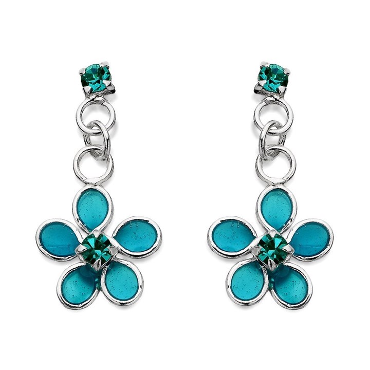 Silver Aqua Blue Crystal Flower Drop Earrings - 15mm drop - F1136