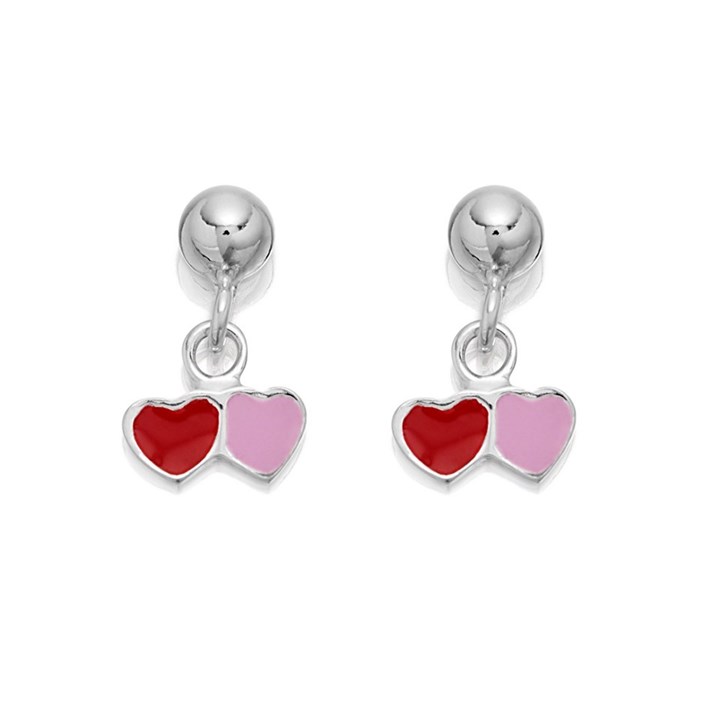 Silver Pink And Red Heart Drop Earrings - 12mm drop - F1144
