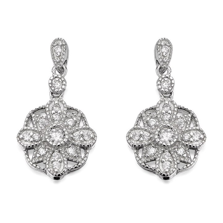 Silver Cubic Zirconia Flower Drop Earrings - 18mm drop - F1172