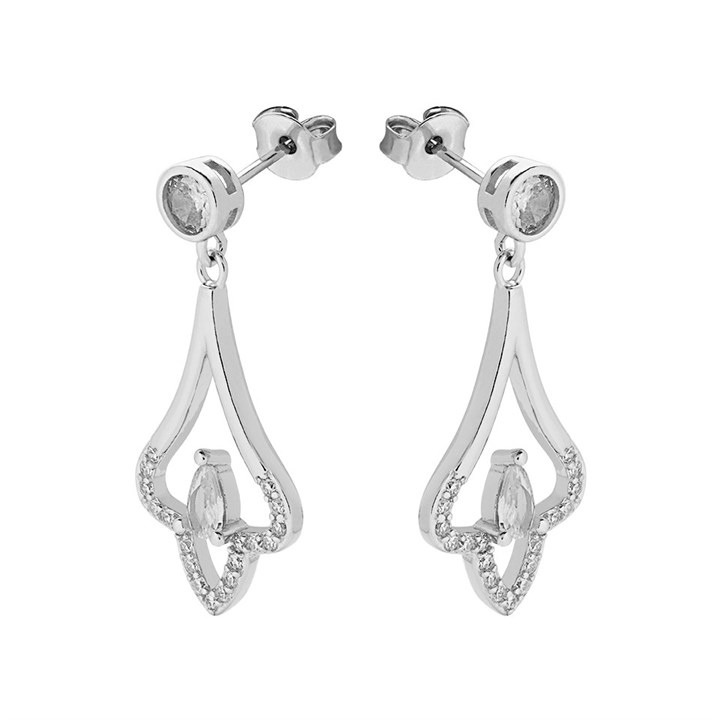 Silver Cubic Zirconia Fan Drop Earrings - 28mm drop - F1215