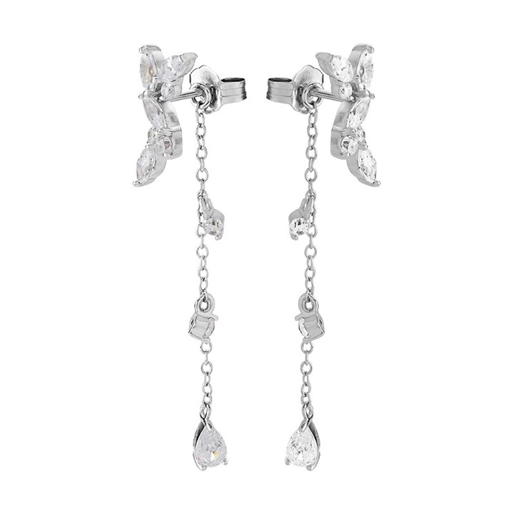 Silver Cubic Zirconia Chain Drop Earrings - 40mm drop - F1224