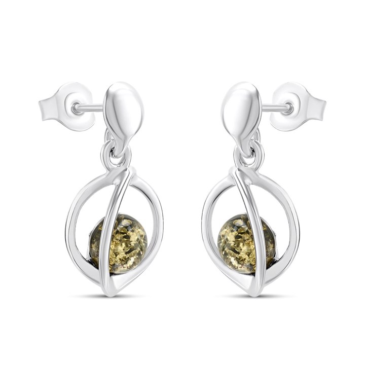 Silver Green Amber Floating Drop Earrings - F1237