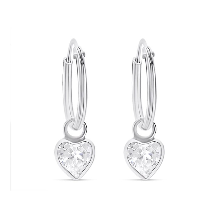 Silver Cubic Zirconia Heart Dropper Hoop Earrings - 12mm - F13003