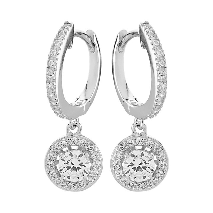Silver Cubic Zirconia Hoop Drop Earrings - 20mm drop - F13010