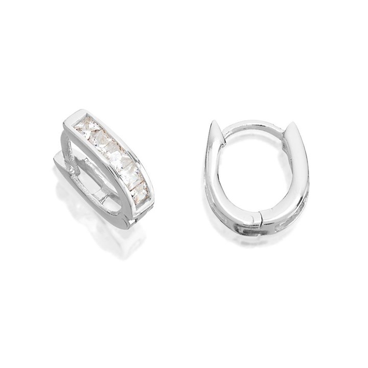 Silver Cubic Zirconia Oval Huggie Earrings - 10mm - F13114