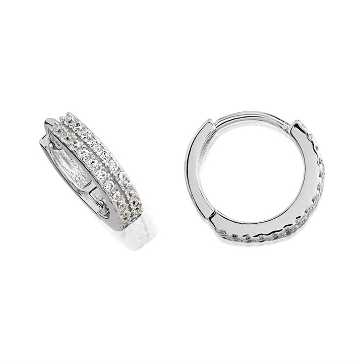 Silver Double Row Cubic Zirconia Hoop Earrings - 12mm - F13130