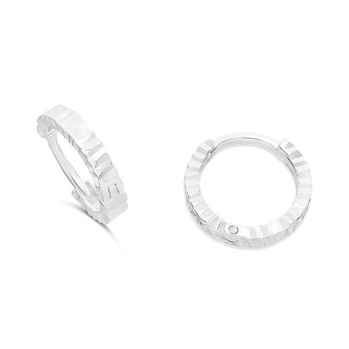 Silver Sparkle Cut Huggie Hoop Earrings - 12mm - F13135