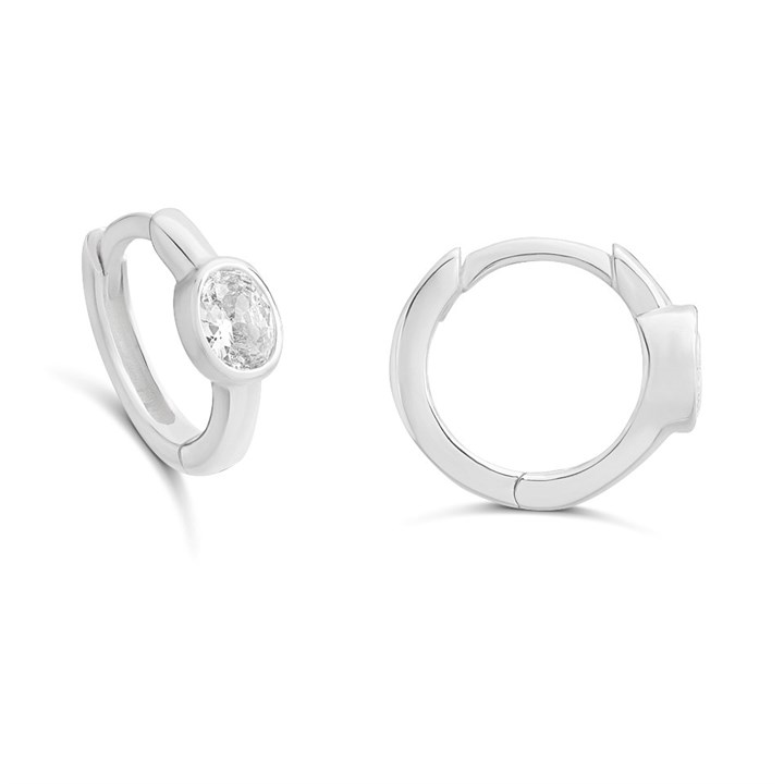 Silver Oval CZ Huggie Hoop Earrings- - F13136
