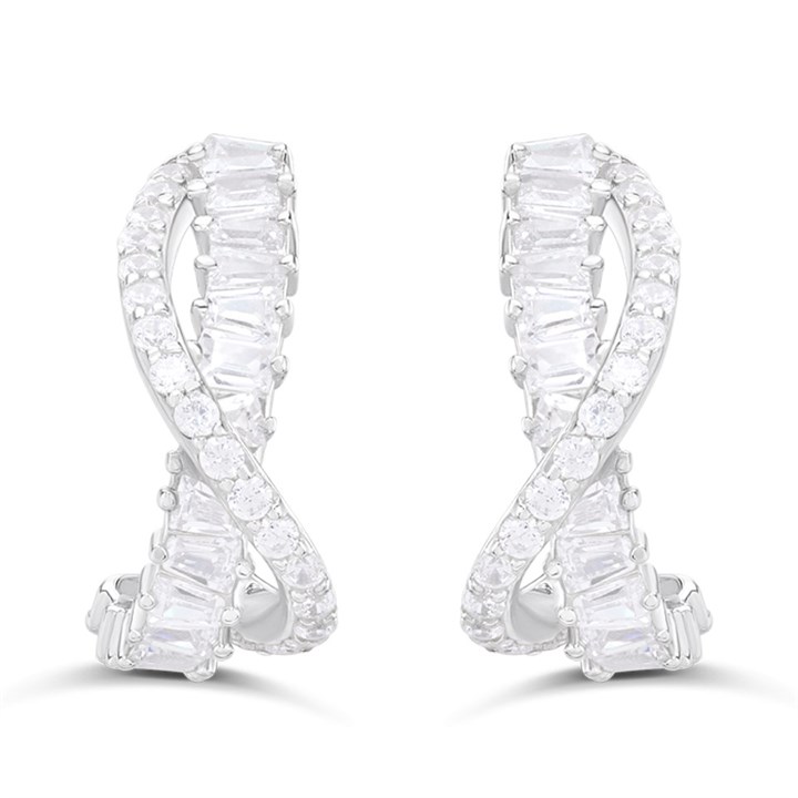 Silver CZ Mixed Cut Crossover Hoop Earrings- 14mm - F13158