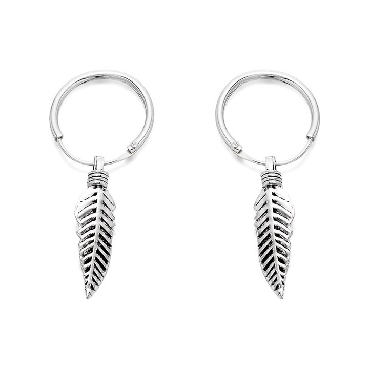 Silver Hoop Earrings With Leaf Dropper - 12mm - F1350