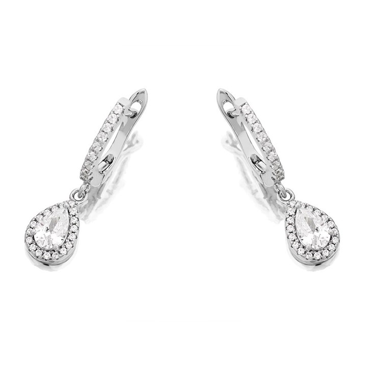 Silver Cubic Zirconia Pear Drop Hoop Earrings - 23mm drop - F1384
