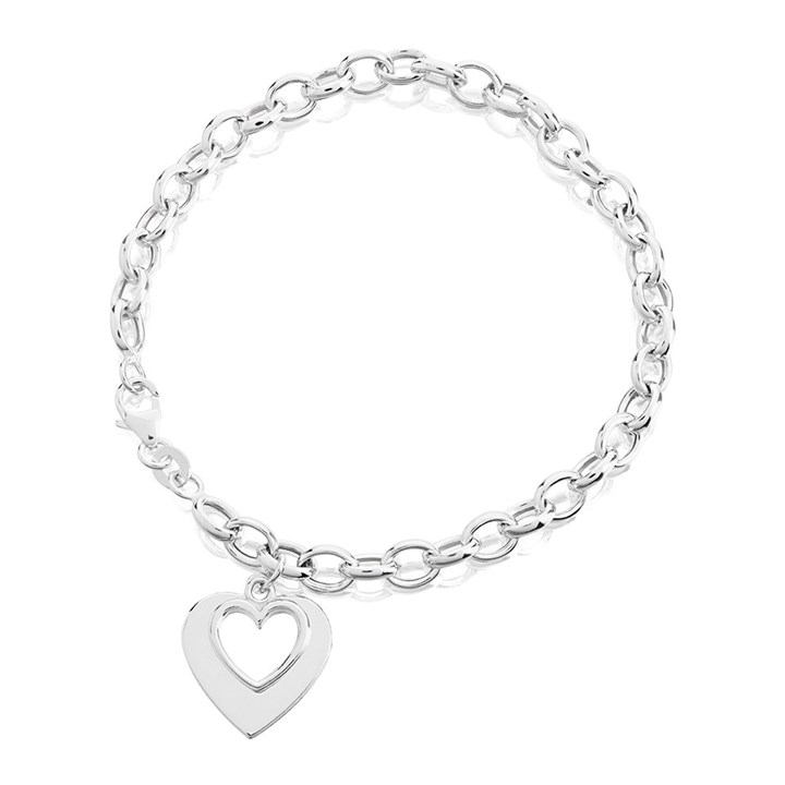 Silver Heart Charm Trace Bracelet - 7in - F14009