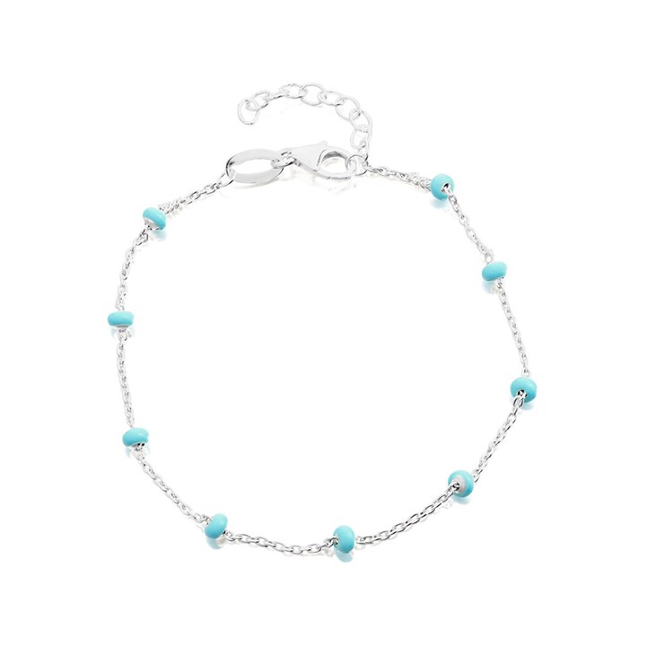 Silver Turquoise Enamel Bead Station Bracelet - 7.75in - F14173