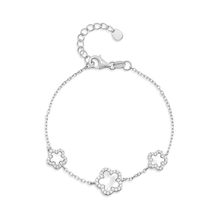 Silver Three C.Z. Mother Of Pearl Flower Bracelet - F14181