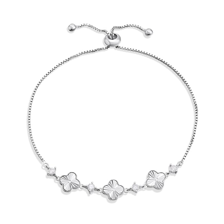 Silver CZ Diamond Cut Clover Adjustable Bracelet - F14183