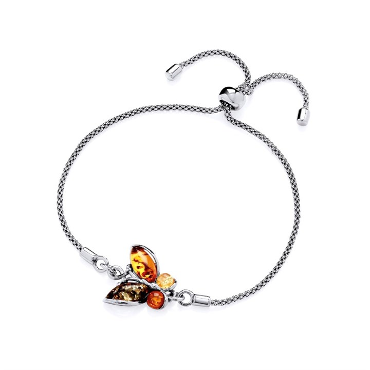 Silver Mixed Amber Butterfly Adjustable Bracelet - F14196