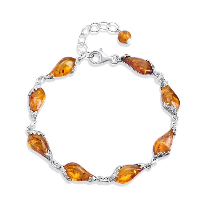 Silver Cognac Amber Floral Detail Bracelet - 7.5in - F14197
