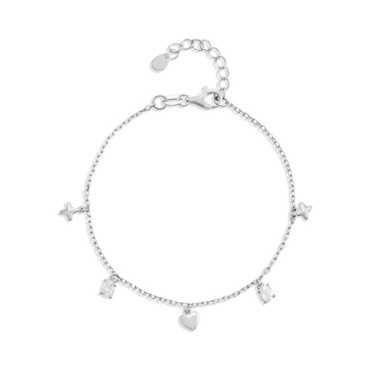 Silver Oval CZ Heart Star Charm Bracelet - F14205