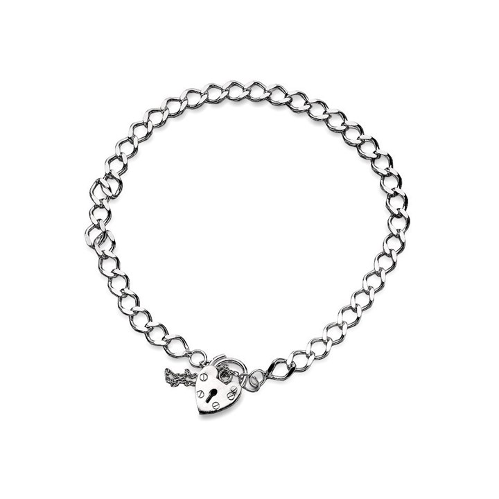 Silver Diamond Cut Curb Bracelet With Heart Padlock - 8in - F1812