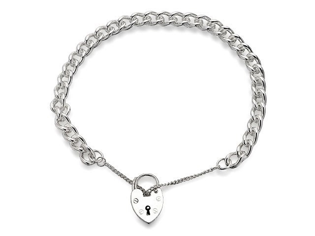 Silver Curb Bracelet With Heart Padlock - 7in - F1959