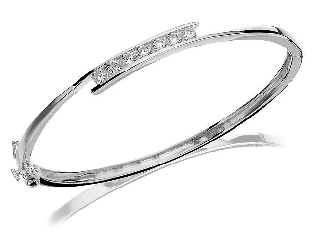 Silver Cubic Zirconia Crossover Hinged Bangle - F2716