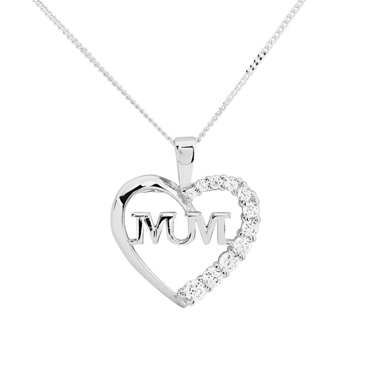 Silver Cubic Zirconia Heart Mum Necklace - F33029