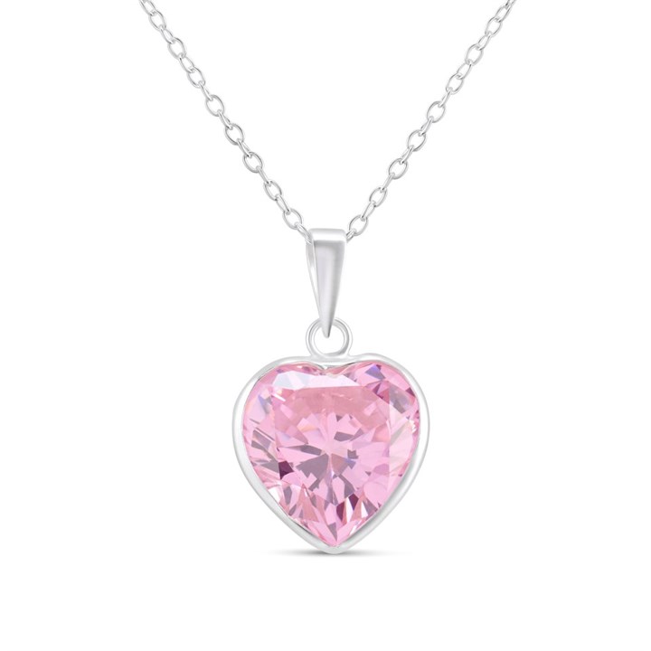 Silver Large Pink Heart C.Z. Necklace - F33044
