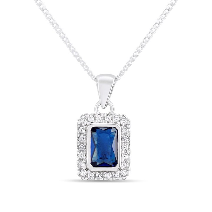 Silver Rectangular Blue C.Z. Halo Necklace - F33047