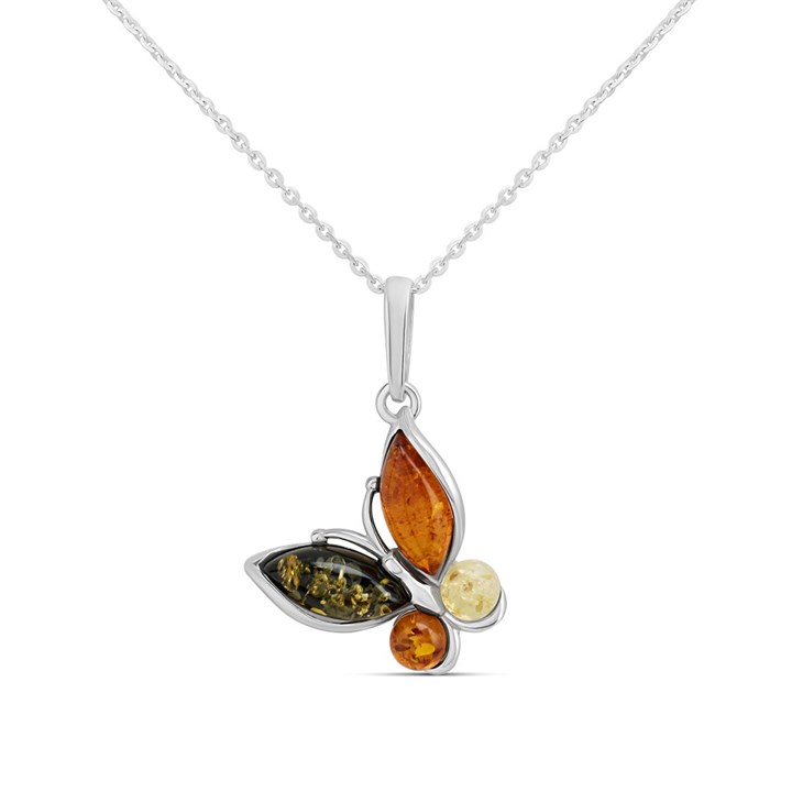 Silver Mixed Amber Butterfly Necklace - F34103