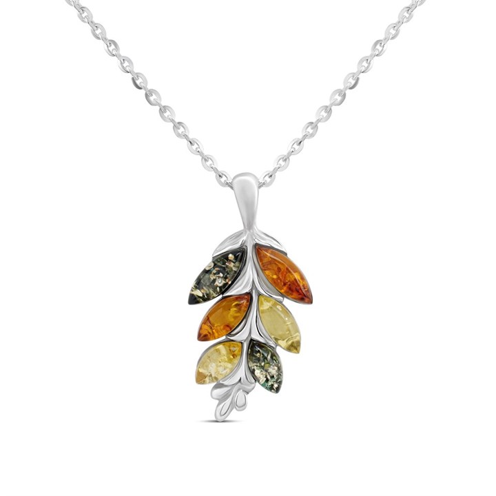 Silver Mixed Amber Leaf Necklace - F34105