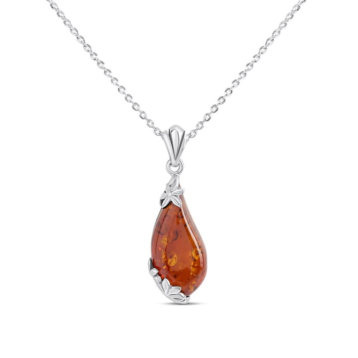 Silver Cognac Amber Floral Detail Necklace - F34106