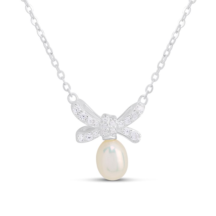 Silver Freshwater Pearl CZ Bow Necklet - F34119