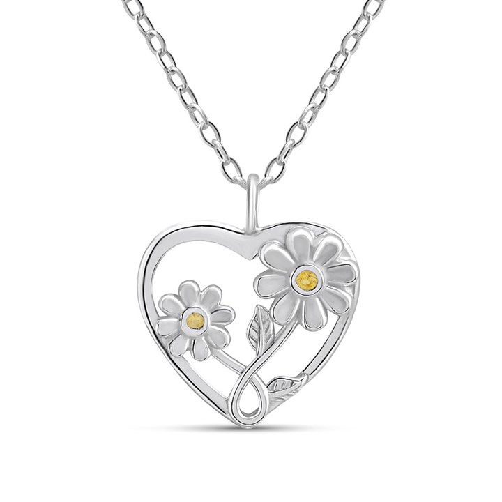 Silver Yellow CZ Daisy Heart Necklace - F34120
