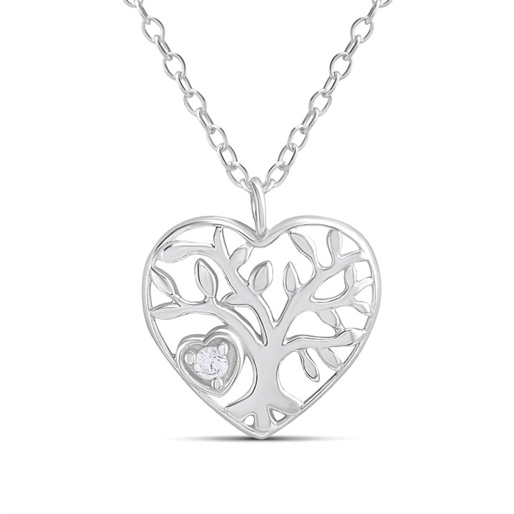 Silver CZ Tree Of Life Heart Necklace - F34121