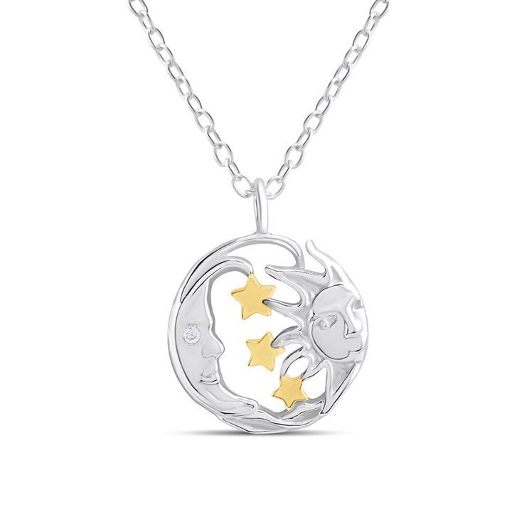 Silver Yellow Gold Plated Moon, Sun and Star Necklace - F34122