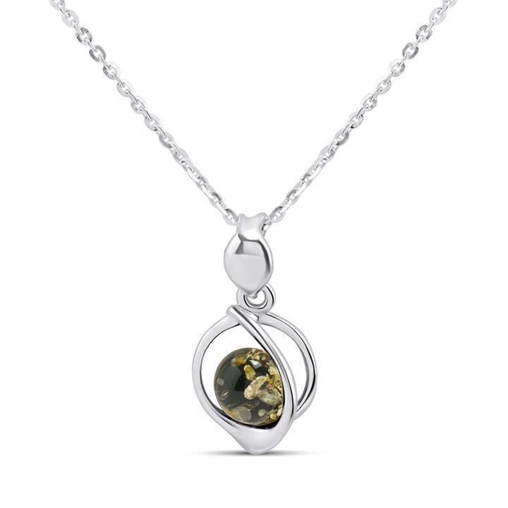 Silver Green Amber Floating Necklace - F3423