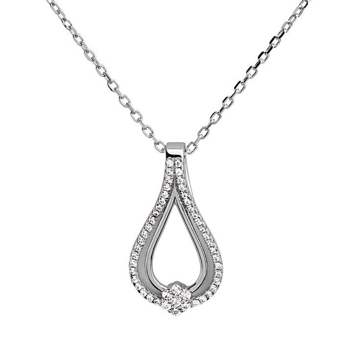 Silver Cubic Zirconia Teardrop Cluster Necklace - F35141