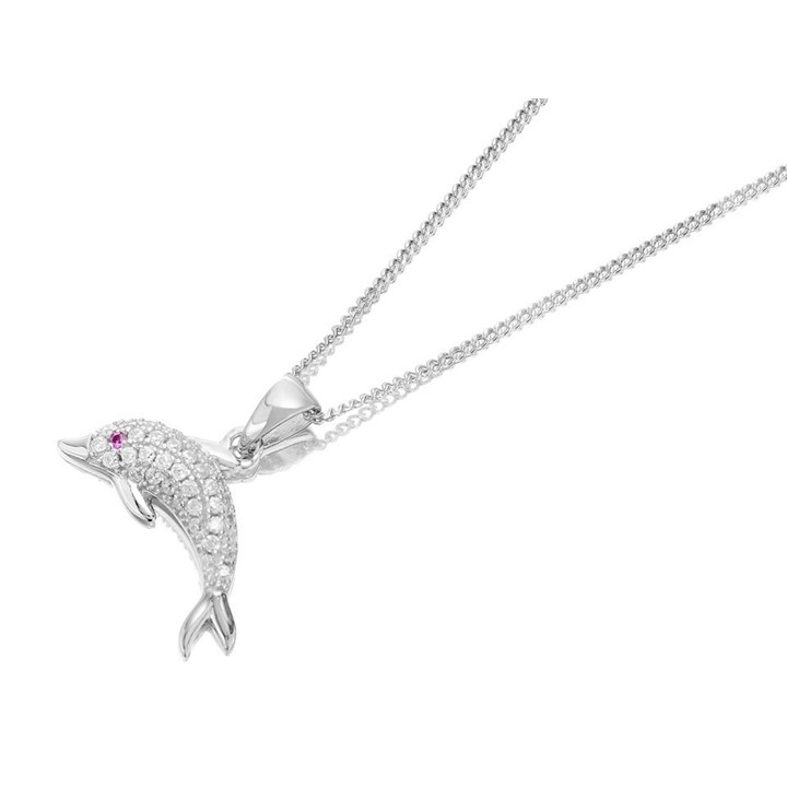 Silver White And Red Cubic Zirconia Dolphin Necklace - F3515