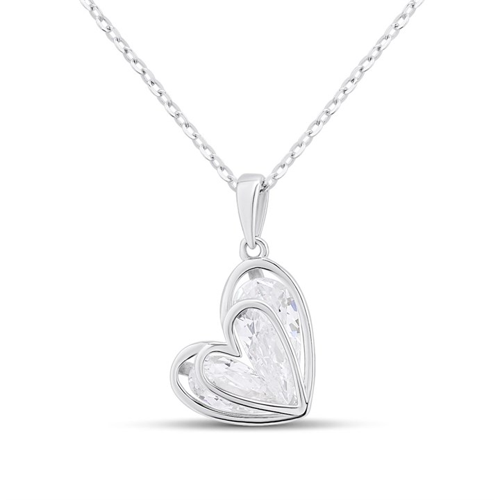 Silver Caged Pear CZ Heart Necklace - F35172