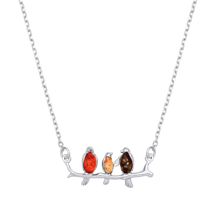Silver Mixed Amber Bird Trio Necklace - F35176