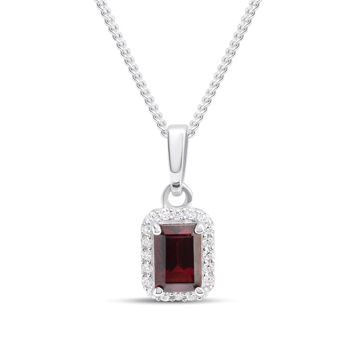 Silver Garnet And CZ Halo Birthstone Necklace - F35181