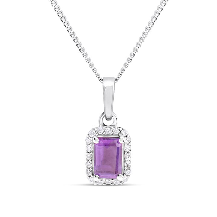 Silver Amethyst And CZ Halo Birthstone Necklace - F35182