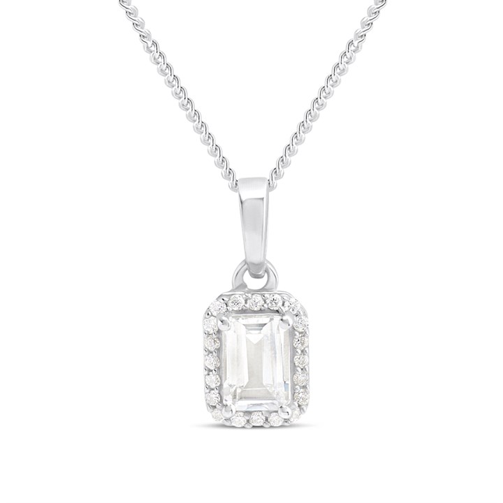 Silver White Topaz And CZ Halo Birthstone Necklace - F35184
