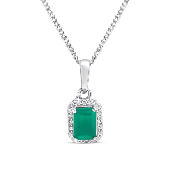 Silver Green Onyx And CZ Halo Birthstone Necklace - F35185