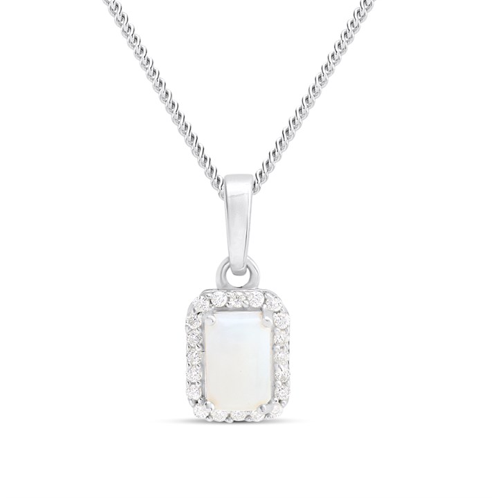 Silver Opal And CZ Halo Birthstone Necklace - F35190