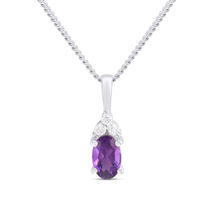 Silver Amethyst And CZ Oval Birthstone Necklace - F35194