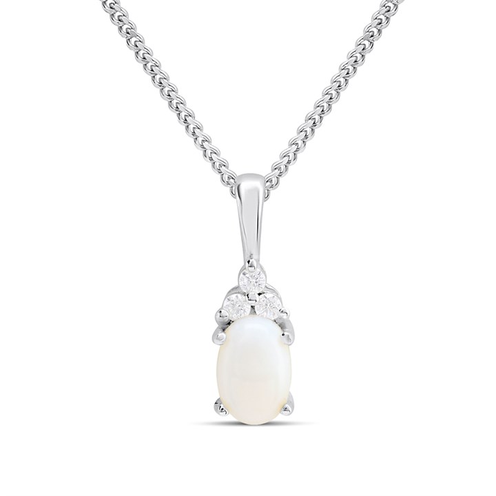 Silver Opal And CZ Oval Birthstone Necklace - F35202