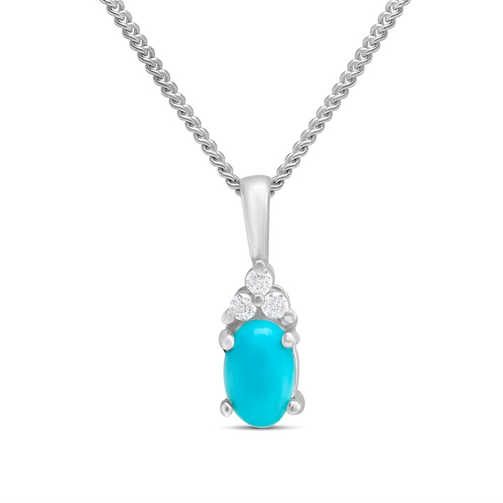 Silver Turquoise And CZ Oval Birthstone Necklace - F35204