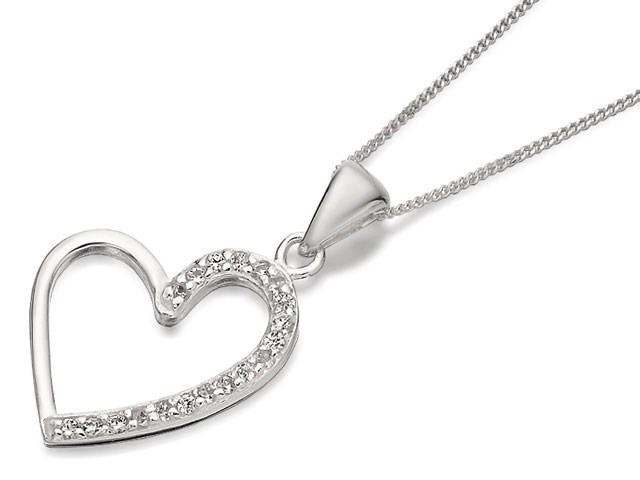 Silver Cubic Zirconia Heart Pendant And Chain - F3590