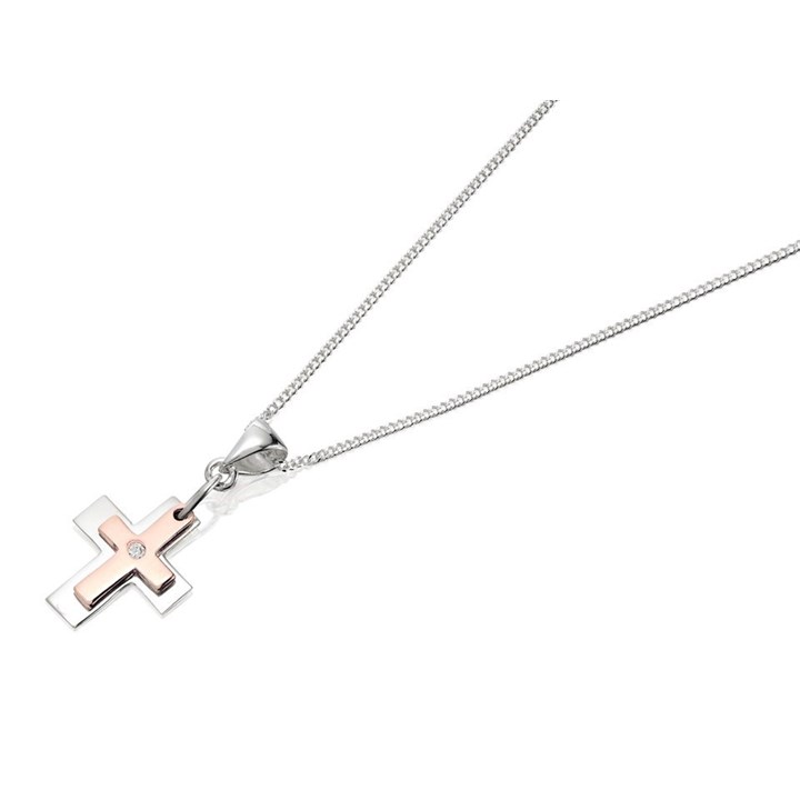 Silver And Rose Gold Plated Cubic Zirconia Two Crosses And Chain - F3624